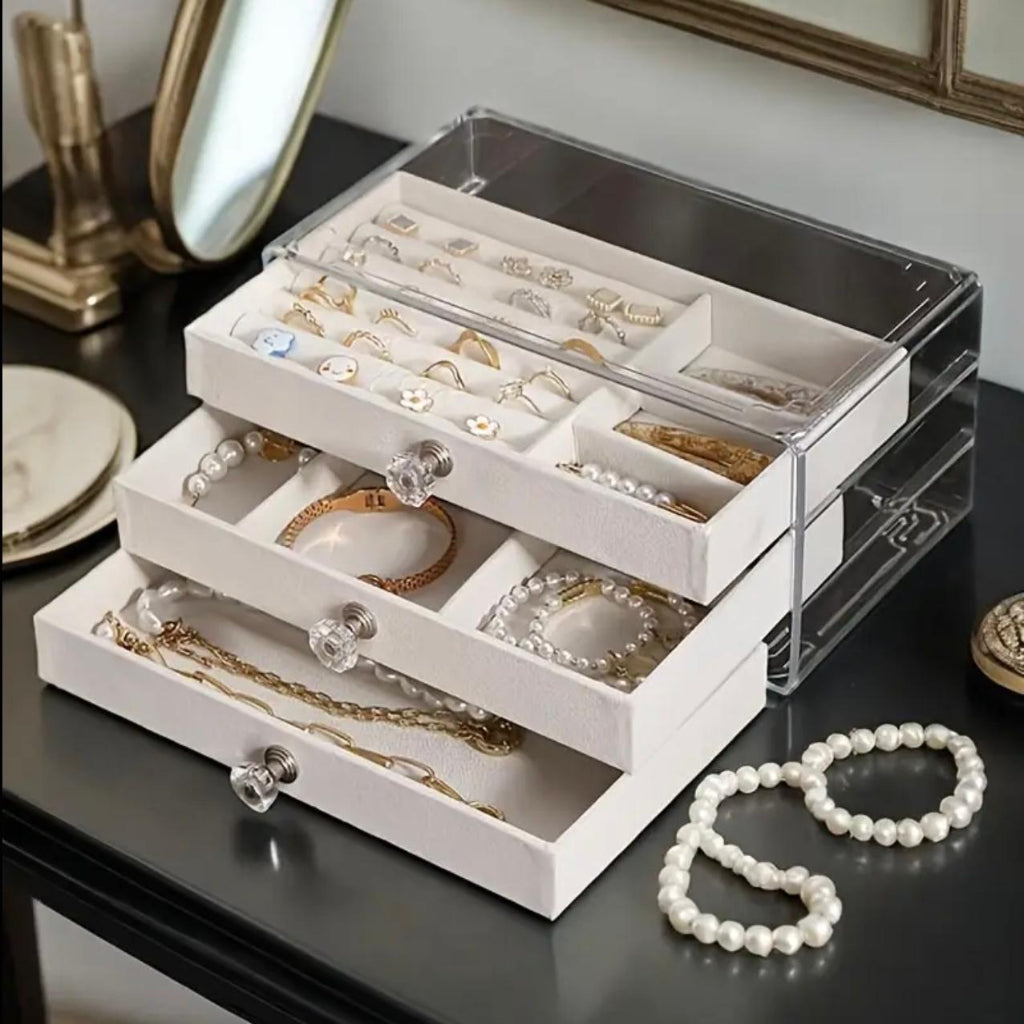 3-Tier Acrylic Jewelry Organizer Box with Transparent Lid & Dustproof Drawer Design ,Perfect for Earrings, Necklaces, Bracelets, and Rings Compact Desktop Display Case, Jewelry Box, 