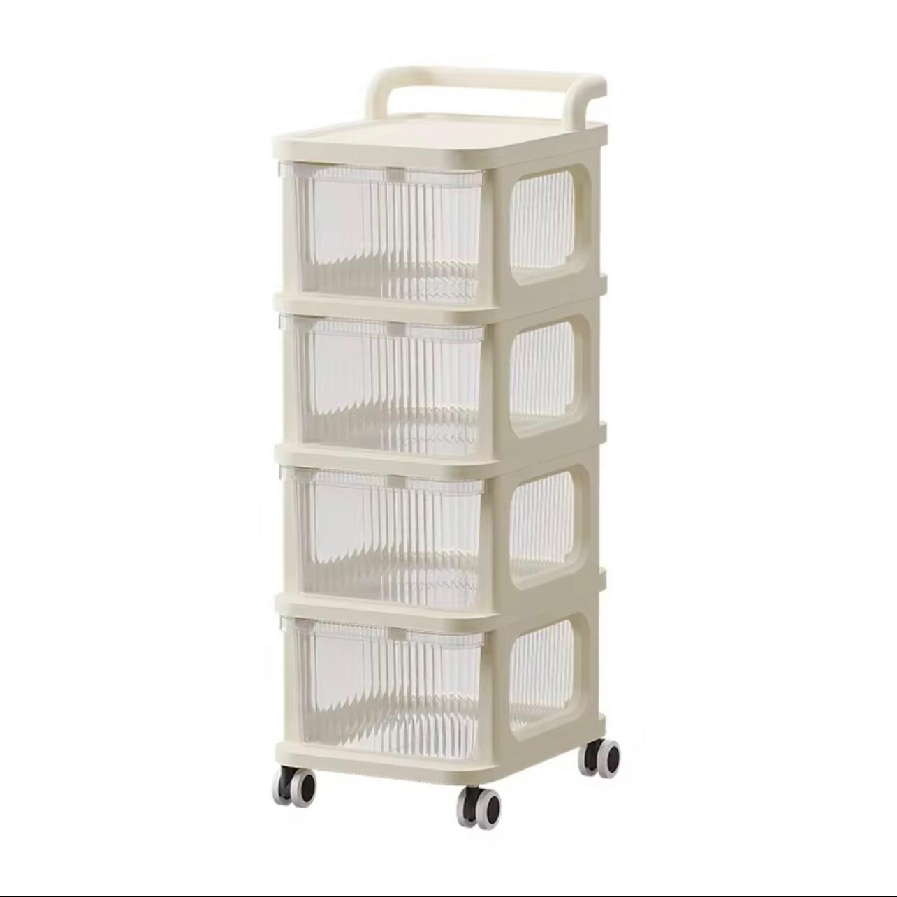 4-Tier Drawer Storage Organizer Cabinet Wheels Options, Cream White Plastic Stackable Shelving Unit Clear Drawers for Kitchen, Bathroom, Bedroom, Living Room, Home Office Storage, Storage Drawer Units