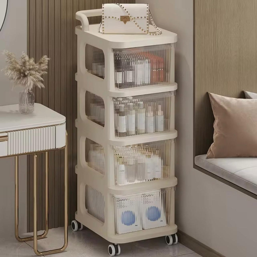 4-Tier Drawer Storage Organizer Cabinet Wheels Options, Cream White Plastic Stackable Shelving Unit Clear Drawers for Kitchen, Bathroom, Bedroom, Living Room, Home Office Storage, Storage Drawer Units