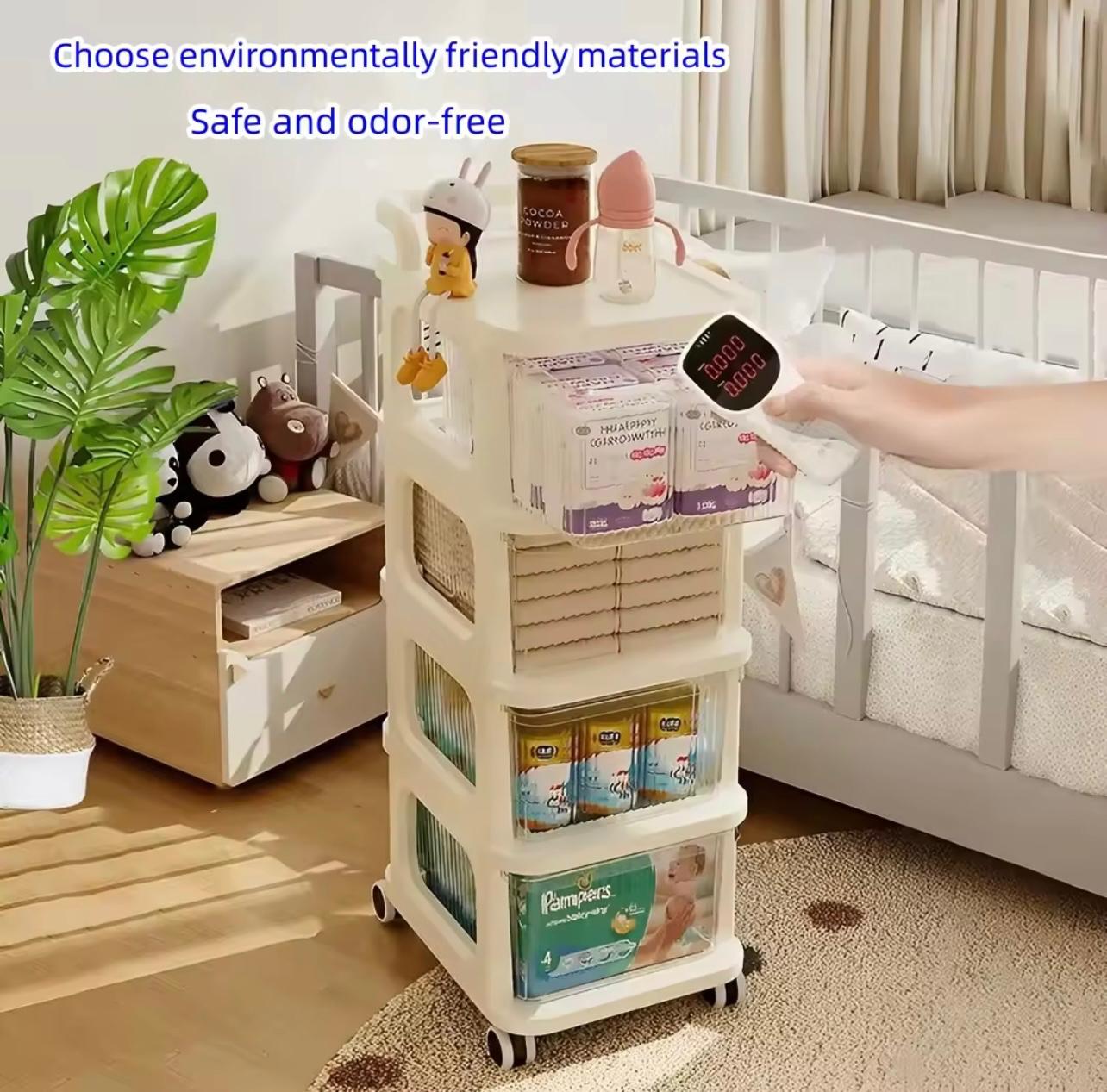4-Tier Drawer Storage Organizer Cabinet Wheels Options, Cream White Plastic Stackable Shelving Unit Clear Drawers for Kitchen, Bathroom, Bedroom, Living Room, Home Office Storage, Storage Drawer Units