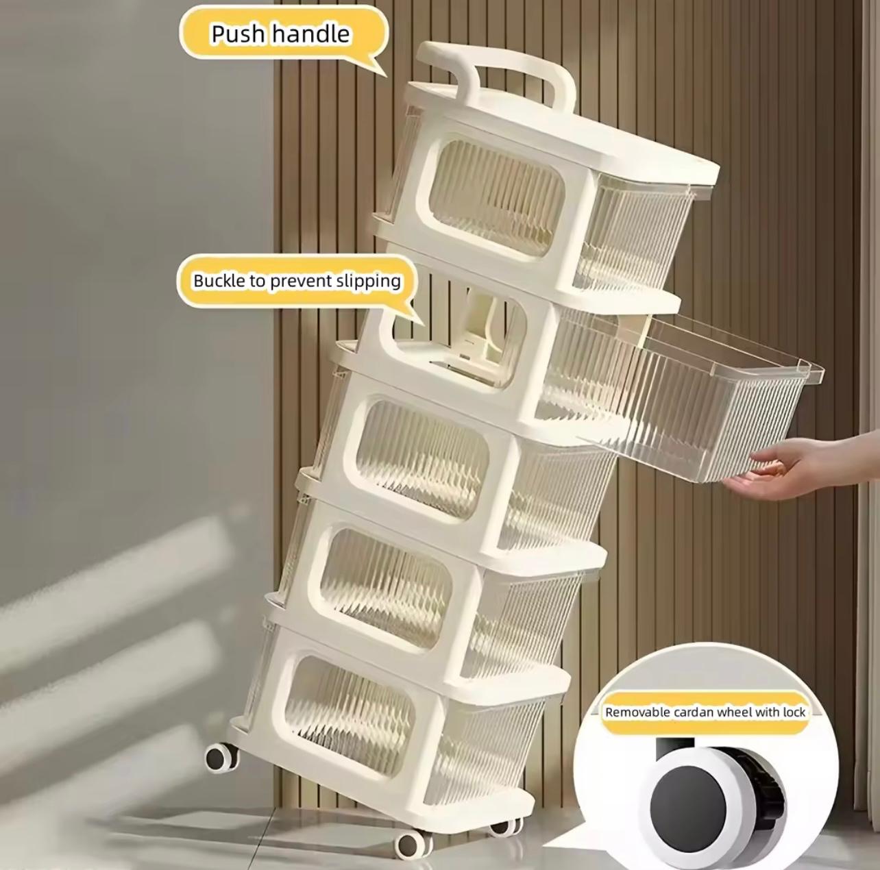 4-Tier Drawer Storage Organizer Cabinet Wheels Options, Cream White Plastic Stackable Shelving Unit Clear Drawers for Kitchen, Bathroom, Bedroom, Living Room, Home Office Storage, Storage Drawer Units