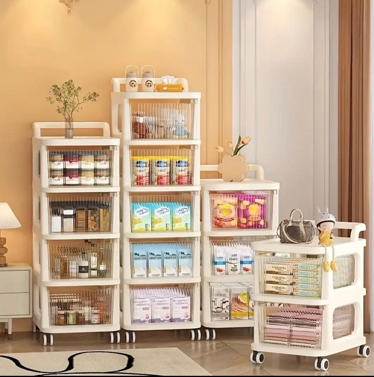 4-Tier Drawer Storage Organizer Cabinet Wheels Options, Cream White Plastic Stackable Shelving Unit Clear Drawers for Kitchen, Bathroom, Bedroom, Living Room, Home Office Storage, Storage Drawer Units