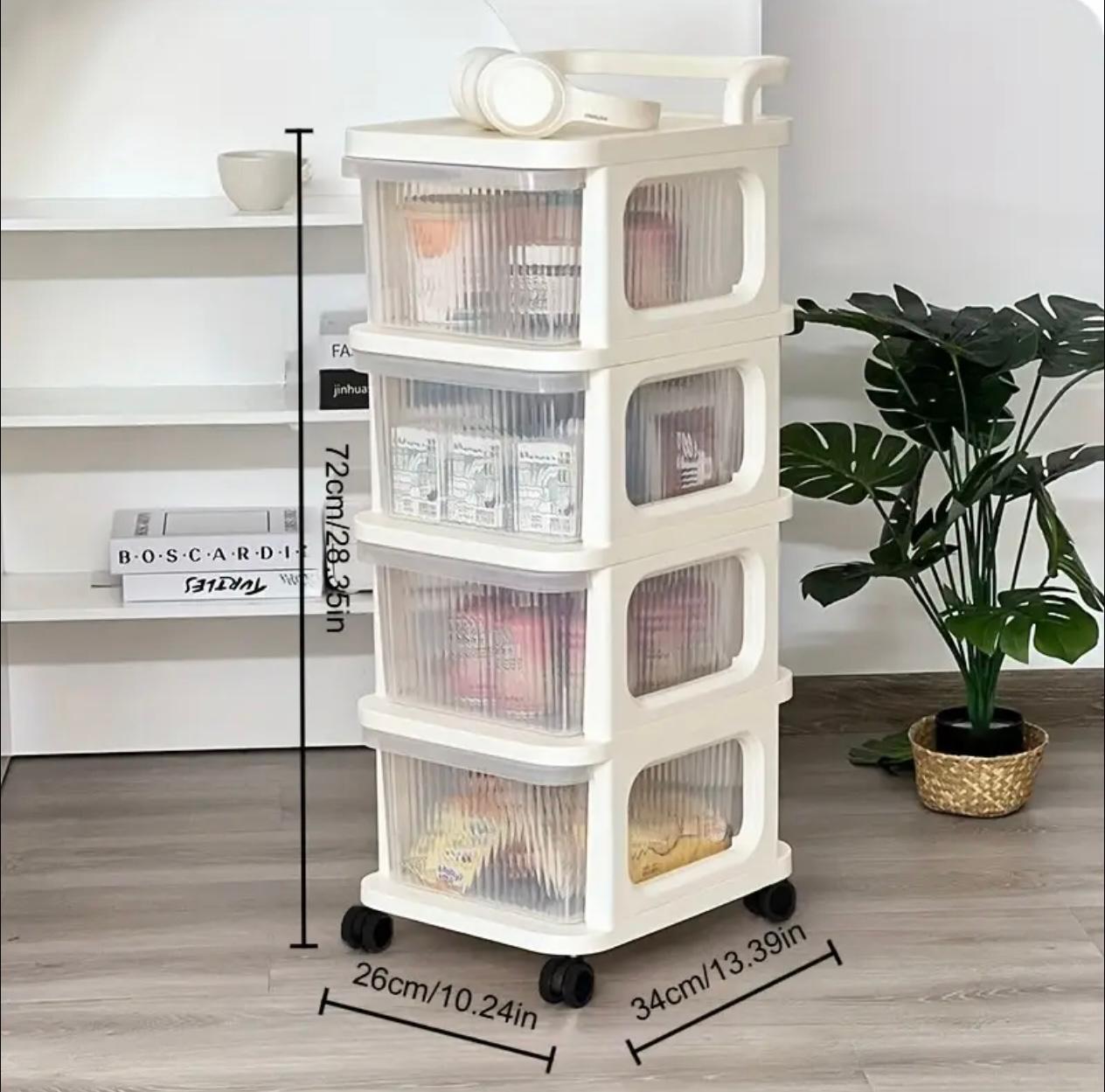 4-Tier Drawer Storage Organizer Cabinet Wheels Options, Cream White Plastic Stackable Shelving Unit Clear Drawers for Kitchen, Bathroom, Bedroom, Living Room, Home Office Storage, Storage Drawer Units