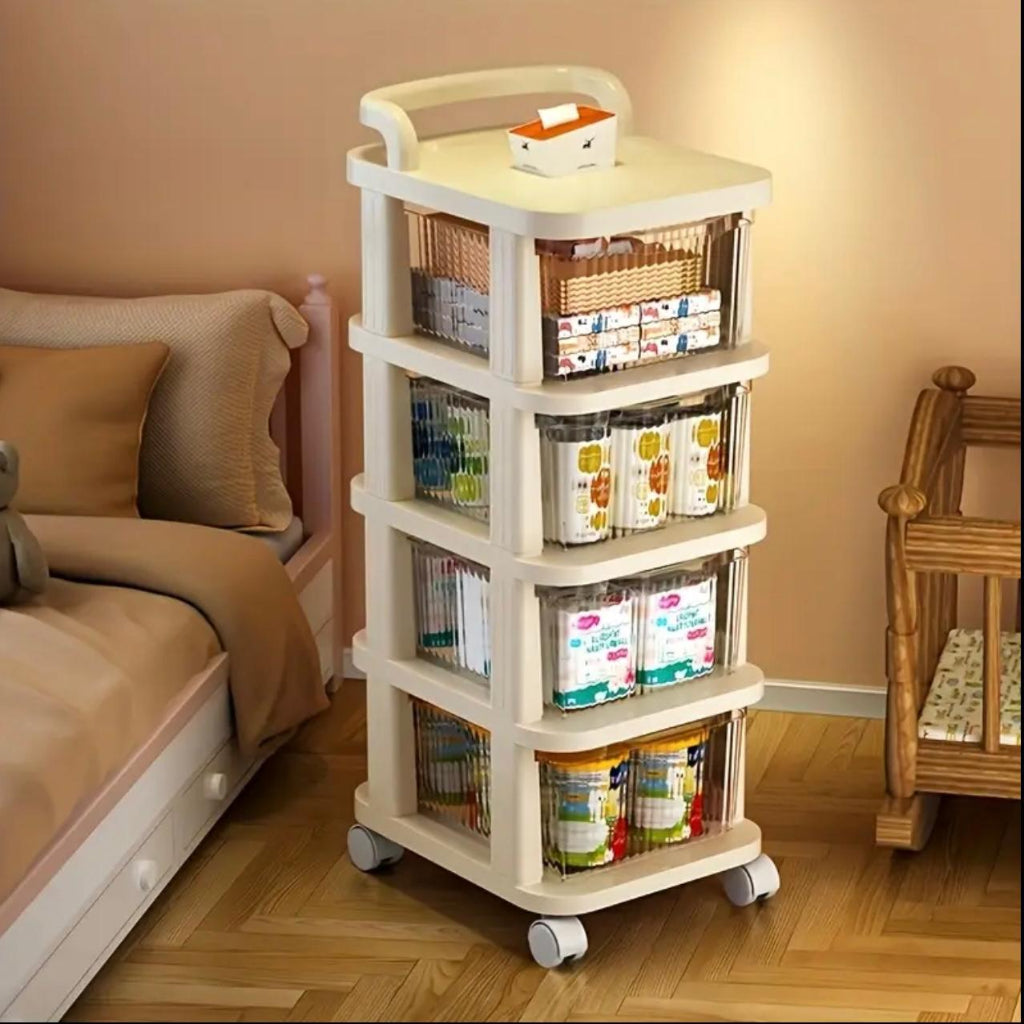 4-Tier Drawer Storage Organizer Cabinet Wheels Options, Cream White Plastic Stackable Shelving Unit Clear Drawers for Kitchen, Bathroom, Bedroom, Living Room, Home Office Storage, Storage Drawer Units