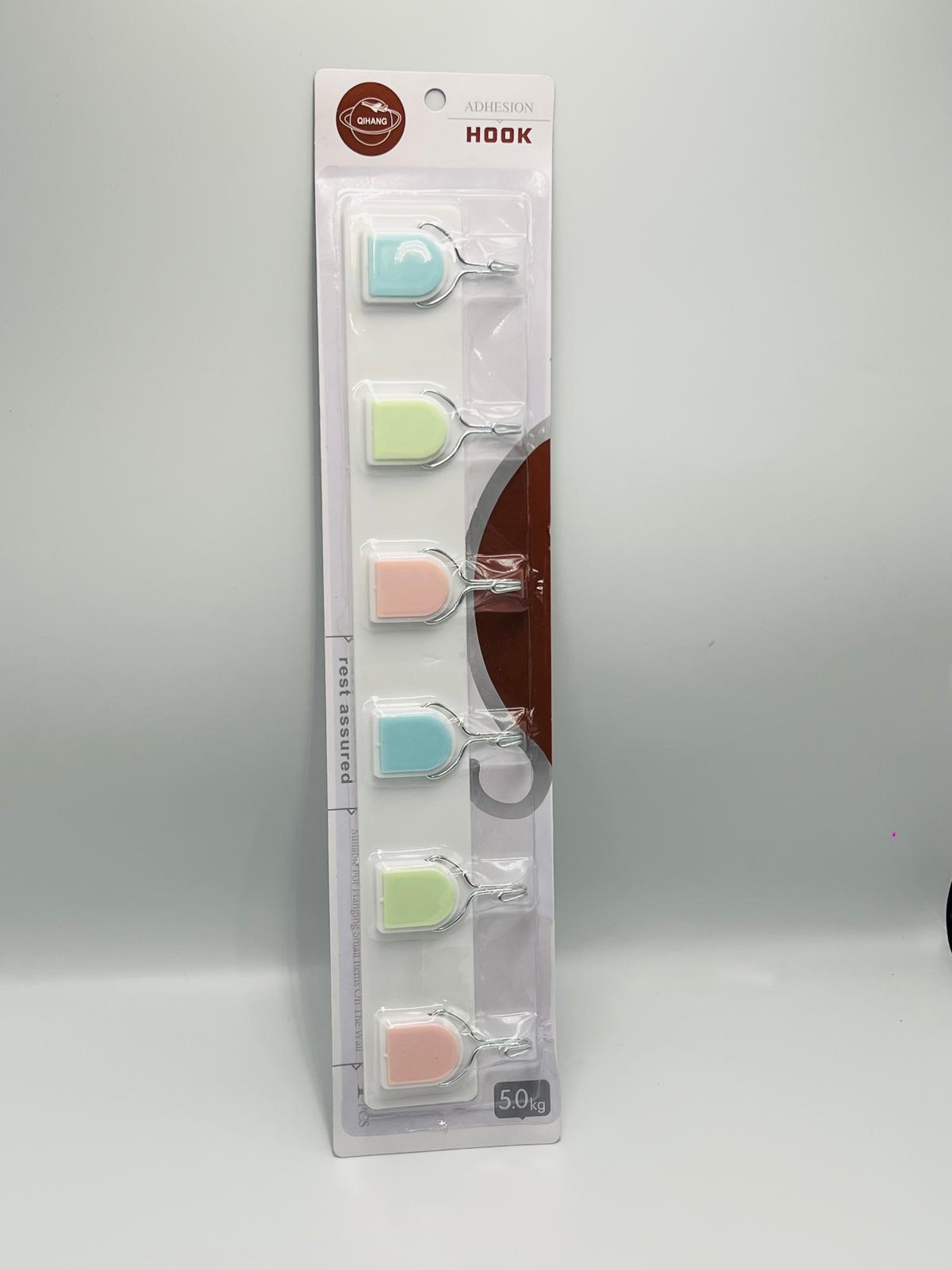 Wall Hooks 6 pcs set, PVC Waterproof Heavy Duty Sticky Plastic Hooks,Hanging Capacity 5 KG Max