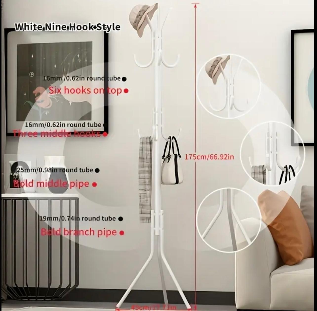 9-Hook Freestanding Metal Coat Rack - Sturdy Plastic Storage Organizer for Bedroom, Entryway, Closet - Space-Saving Multi-Purpose Hanger with Hat & Bag Hooks, Clothes Organizer Storage, Minimalist Design, Home Organizers