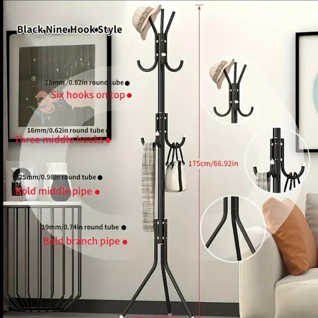9-Hook Freestanding Metal Coat Rack - Sturdy Plastic Storage Organizer for Bedroom, Entryway, Closet - Space-Saving Multi-Purpose Hanger with Hat & Bag Hooks, Clothes Organizer Storage, Minimalist Design, Home Organizers