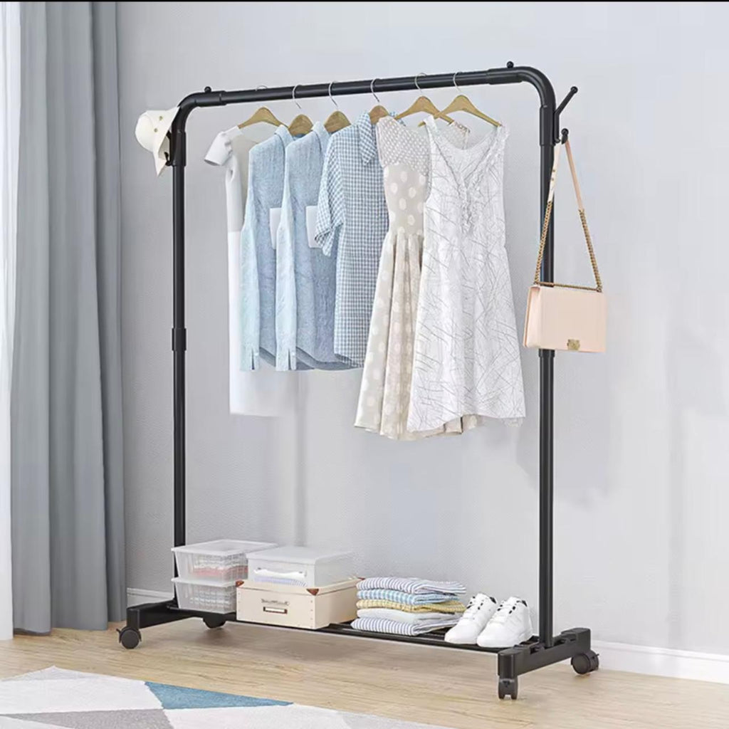 Metal Heavy Duty Clothes Rail With Storage Shelf on Wheels Movable Garment Rail Single Rod for Hanging Garments Dresses..