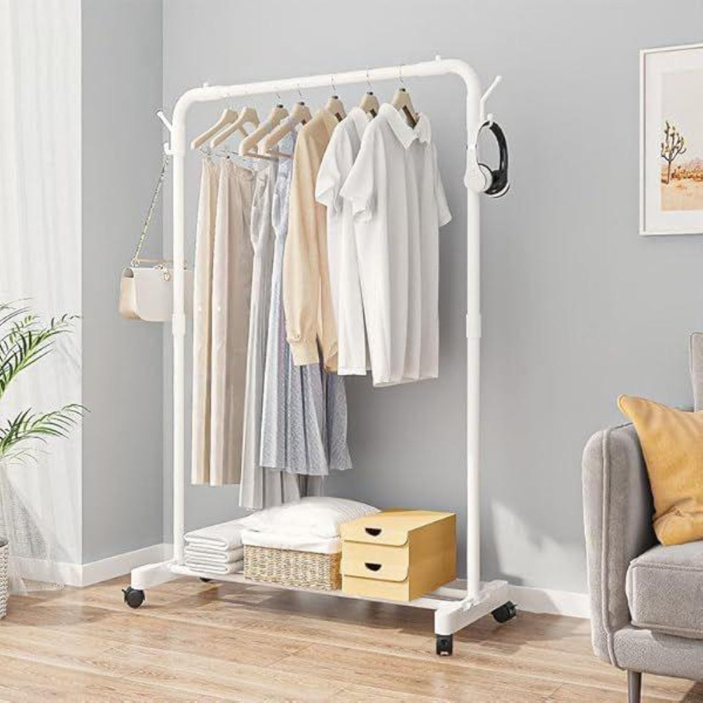 Metal Heavy Duty Clothes Rail With Storage Shelf on Wheels Movable Garment Rail Single Rod for Hanging Garments Dresses..