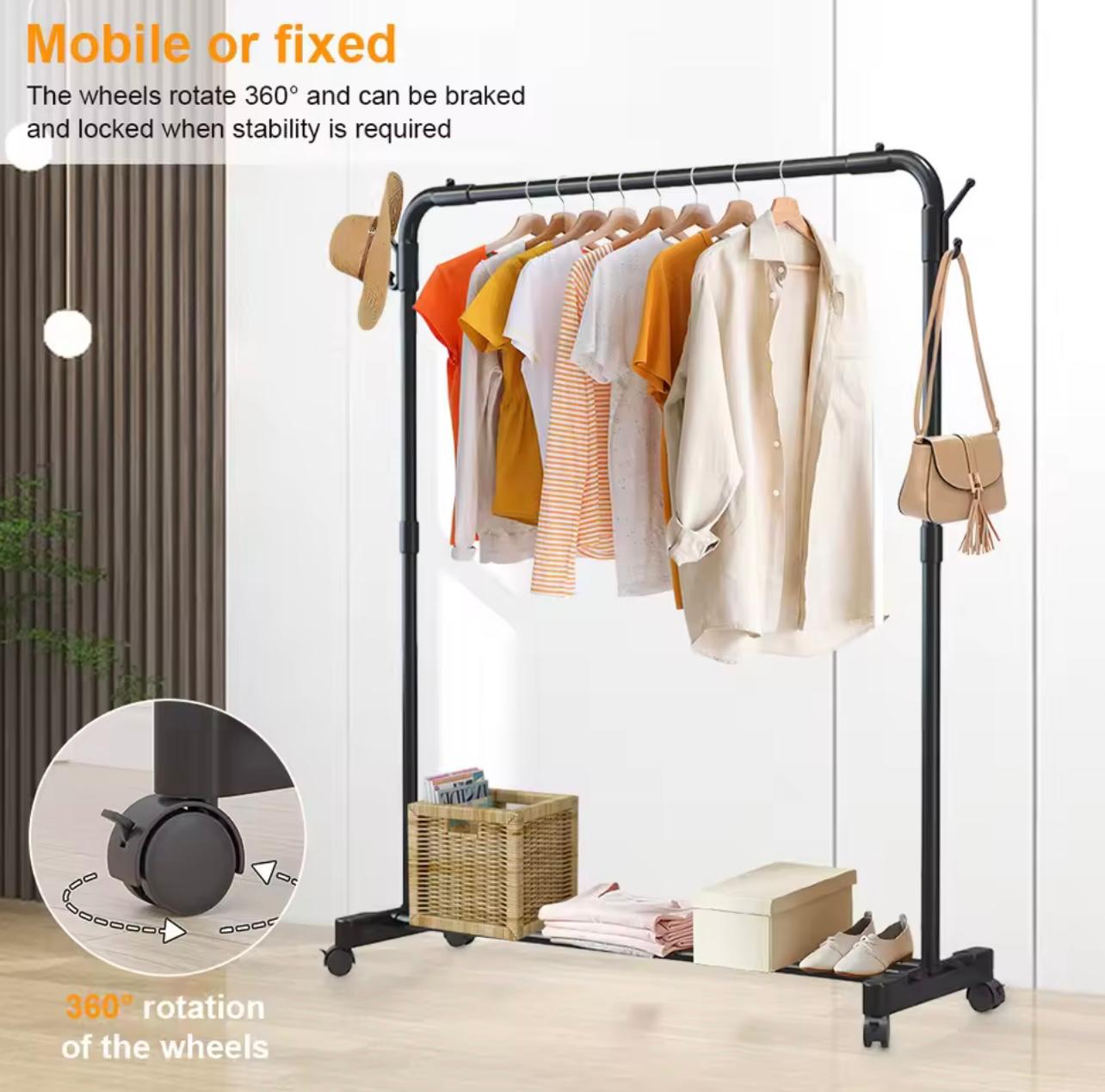 Metal Heavy Duty Clothes Rail With Storage Shelf on Wheels Movable Garment Rail Single Rod for Hanging Garments Dresses..