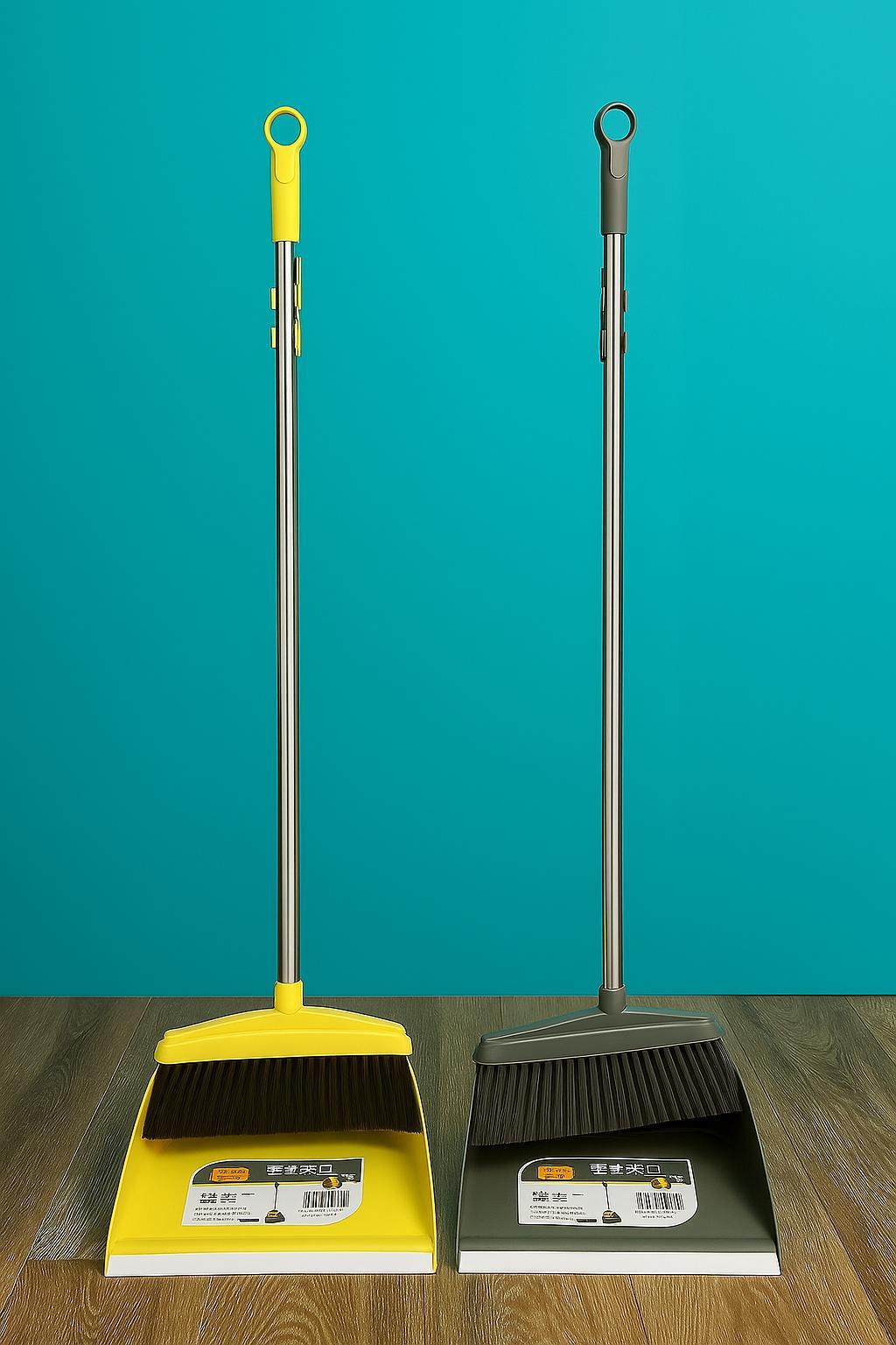 Long Handle Stainless Steel Broom, Standalone Dustpan and Set, Suitable for Indoor and Outdoor Use, Household Cleaning Tool for Living Room, Bedroom, Kitchen, and Outdoor Spaces