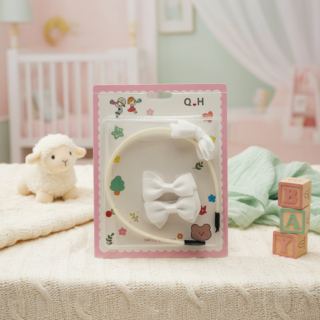 White Small Bow Girl Headband  Set