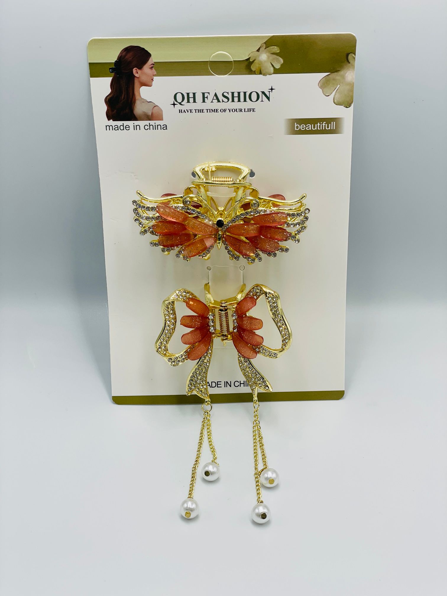 مشبك شعر أنيق باللون الوردي والذهبي - تصميم أنيق بحجر الراين للنساء