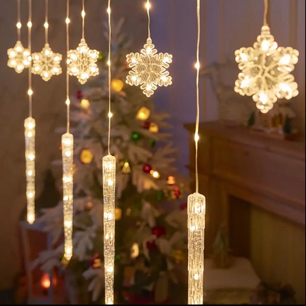 3M Snowflake Curtain Lights – LED Icicle String with 3-Pin Power Plug for Winter & Christmas Decoration