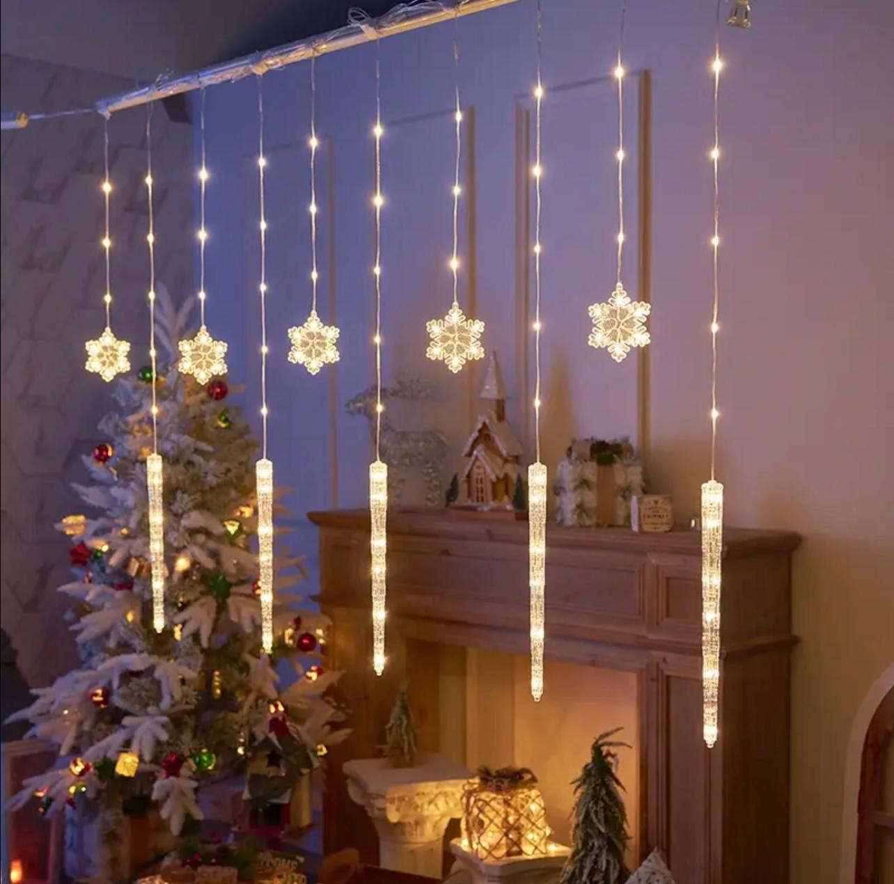 3M Snowflake Curtain Lights – LED Icicle String with 3-Pin Power Plug for Winter & Christmas Decoration
