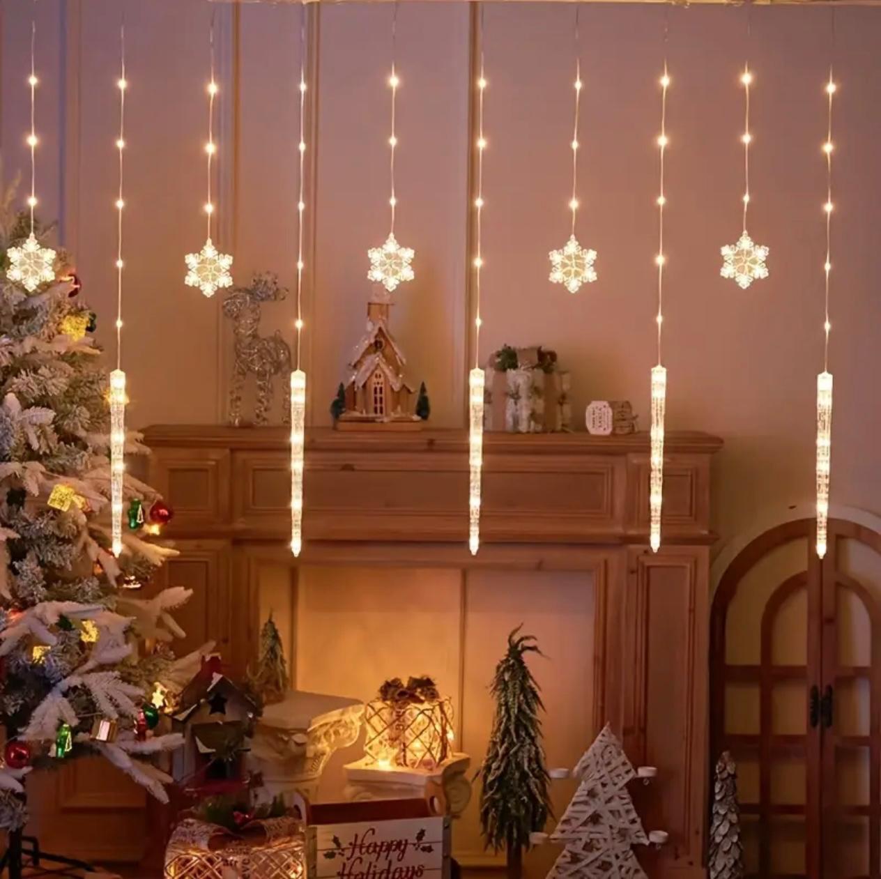 3M Snowflake Curtain Lights – LED Icicle String with 3-Pin Power Plug for Winter & Christmas Decoration
