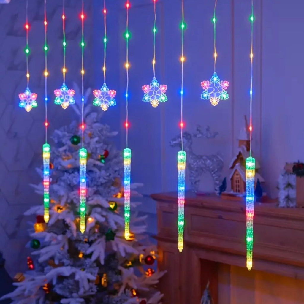 3M Snowflake Curtain Lights – LED Icicle String with 3-Pin Power Plug