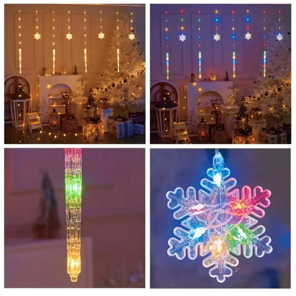 3M Snowflake Curtain Lights – LED Icicle String with 3-Pin Power Plug for Winter & Christmas Decoration