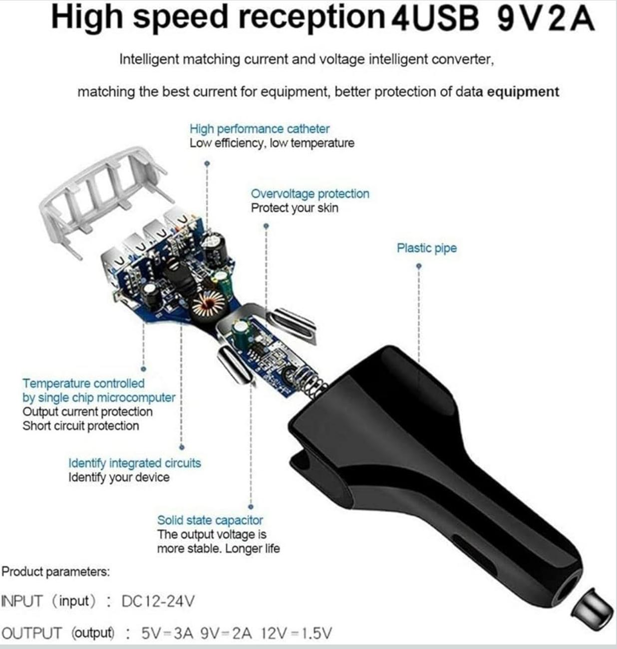 USB Car Charger 4 Ports Car Power Adapter Fast Charging 