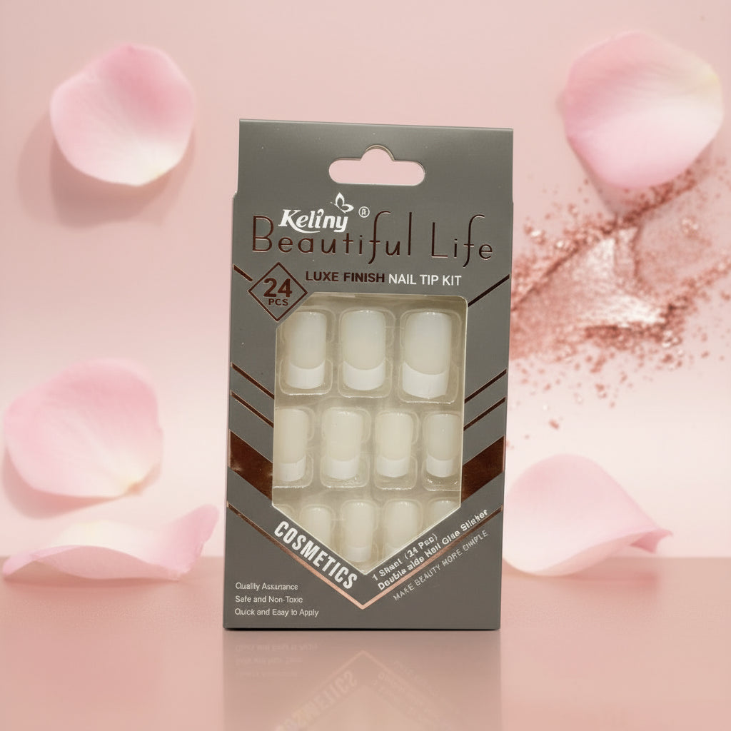 مجموعة أطراف أظافر قصيرة على شكل لوز مكونة من 24 قطعة - طقم مانيكير بلمسة نهائية لامعة للنساء