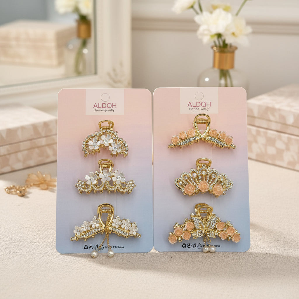 3 Pcs Hair Clip Set – Medium Rhinestone Design