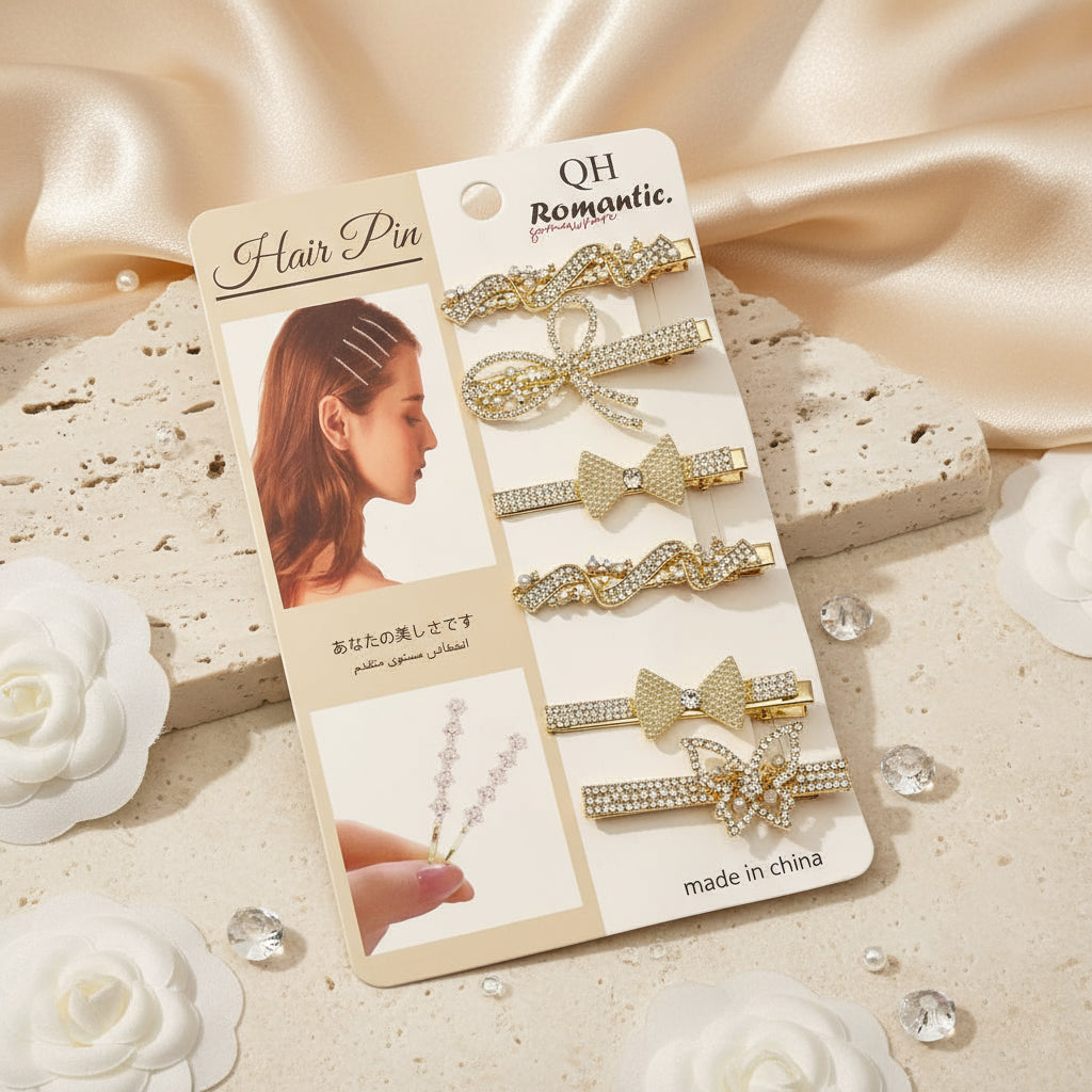 6 Pcs Hair Clip Set – Golden Color, Rhinestone Design, Random Model