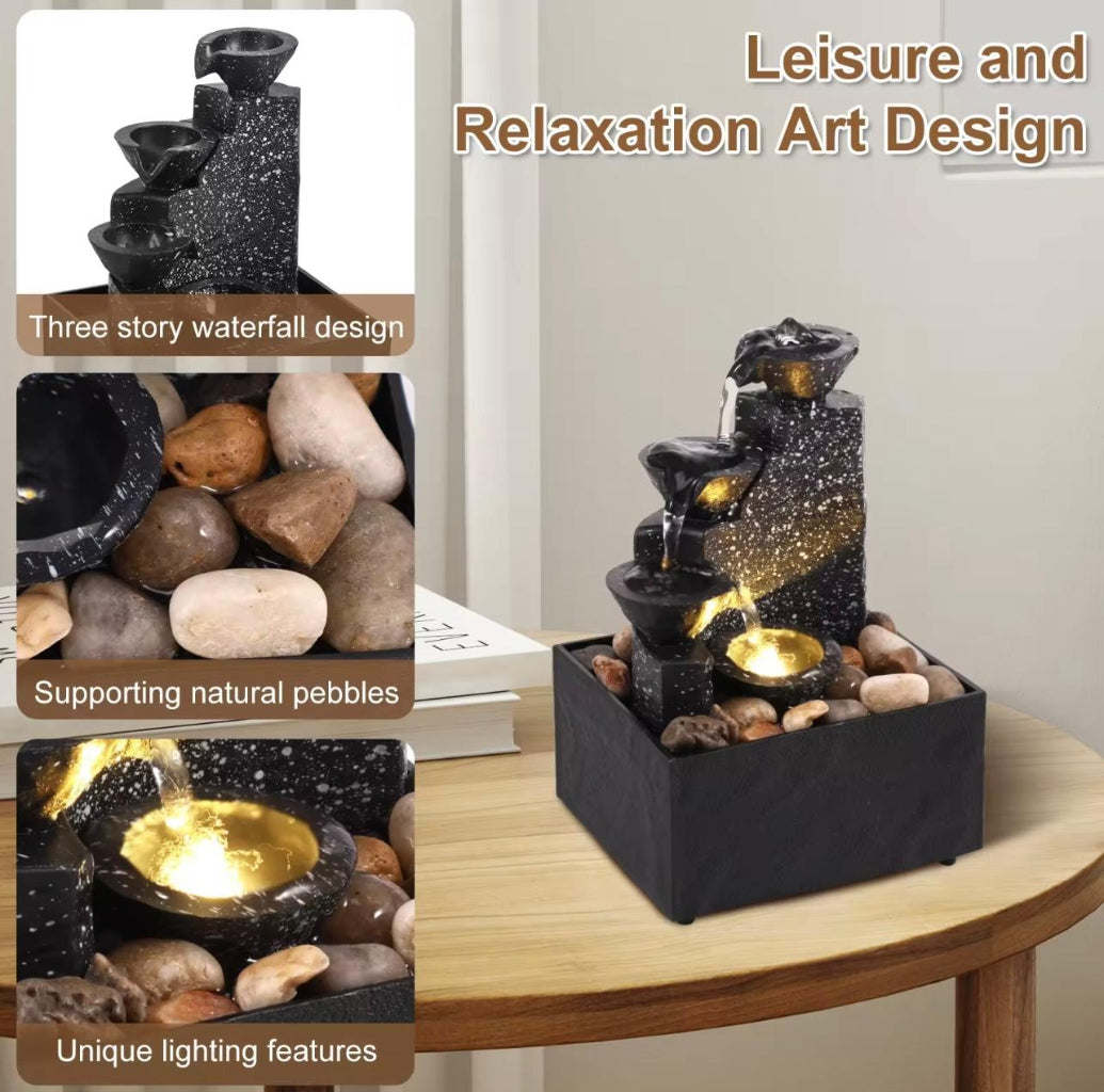 Tabletop USB Waterfall Fountain – Mini Indoor Water Fountain with LED Lights & Decorative Stones