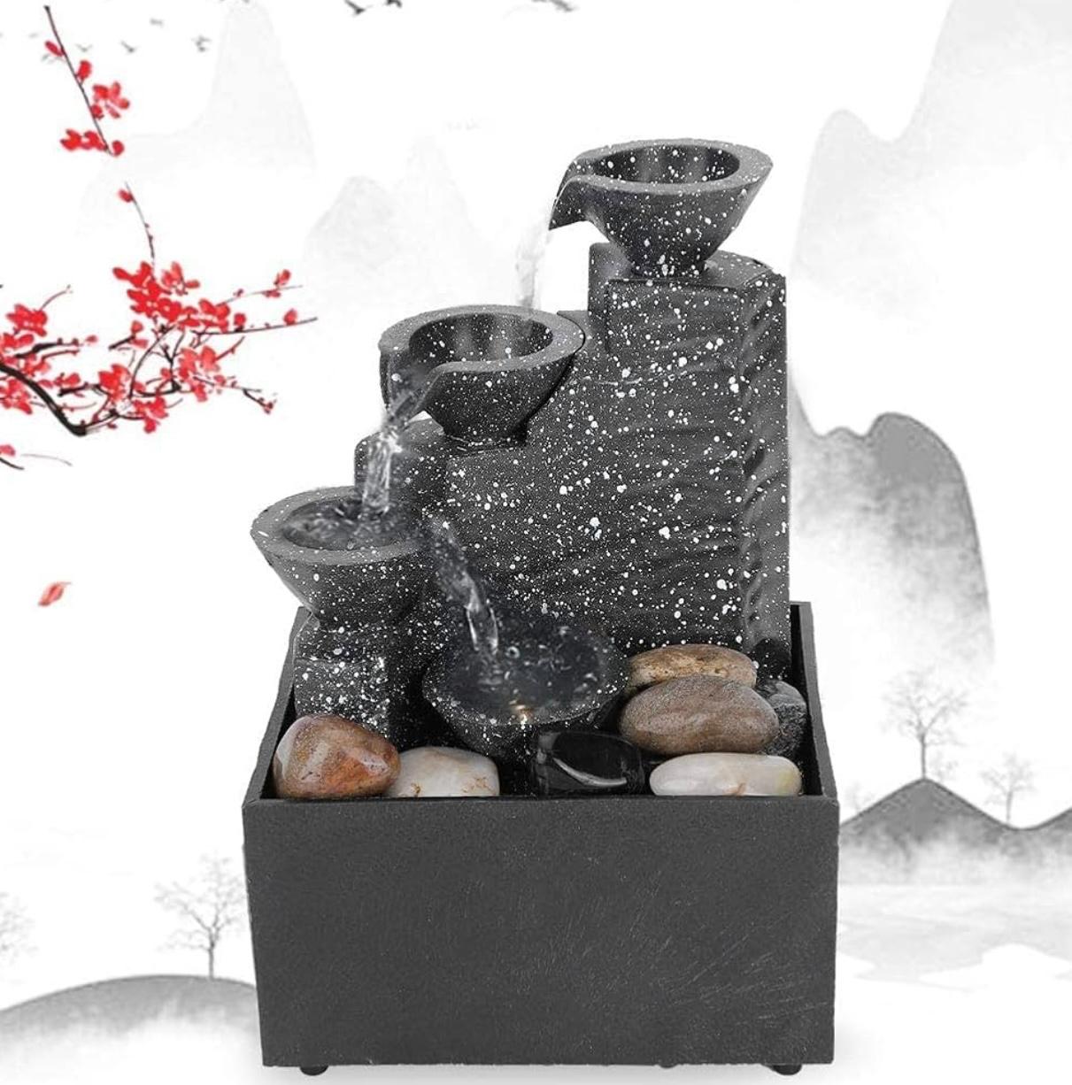 Tabletop USB Waterfall Fountain – Mini Indoor Water Fountain with LED Lights & Decorative Stones