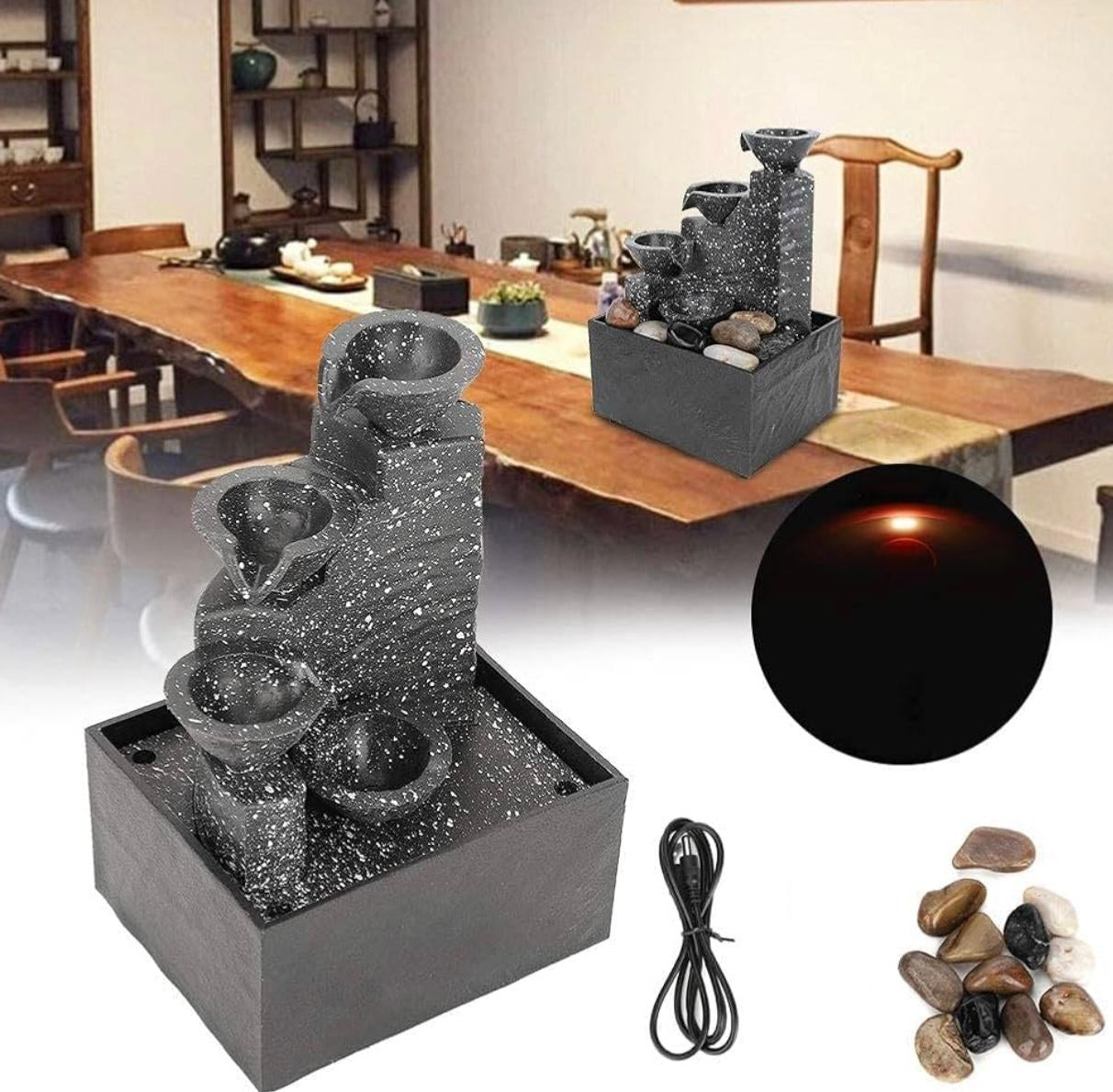 Tabletop USB Waterfall Fountain – Mini Indoor Water Fountain with LED Lights & Decorative Stones
