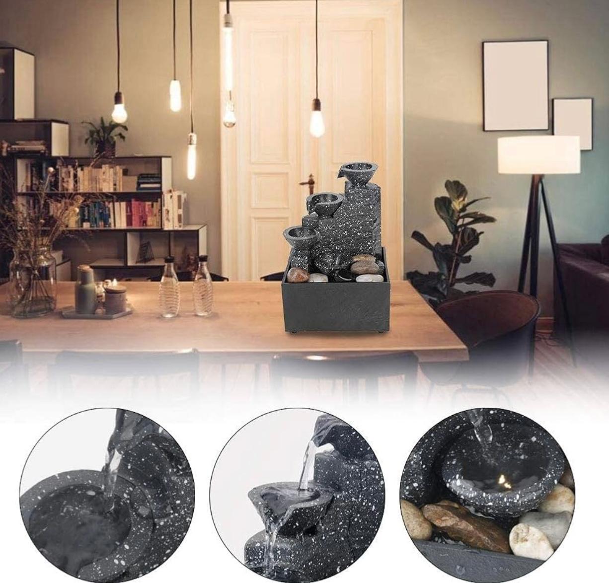 Tabletop USB Waterfall Fountain – Mini Indoor Water Fountain with LED Lights & Decorative Stones