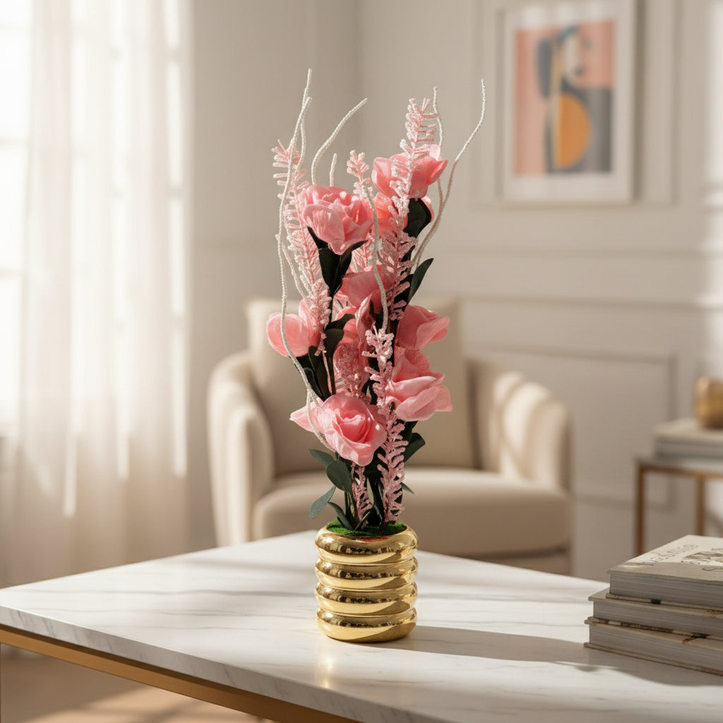 Rose Flower Plant Set with Ceramic Pots – Elegant Artificial Flower Decoration for Home & Office