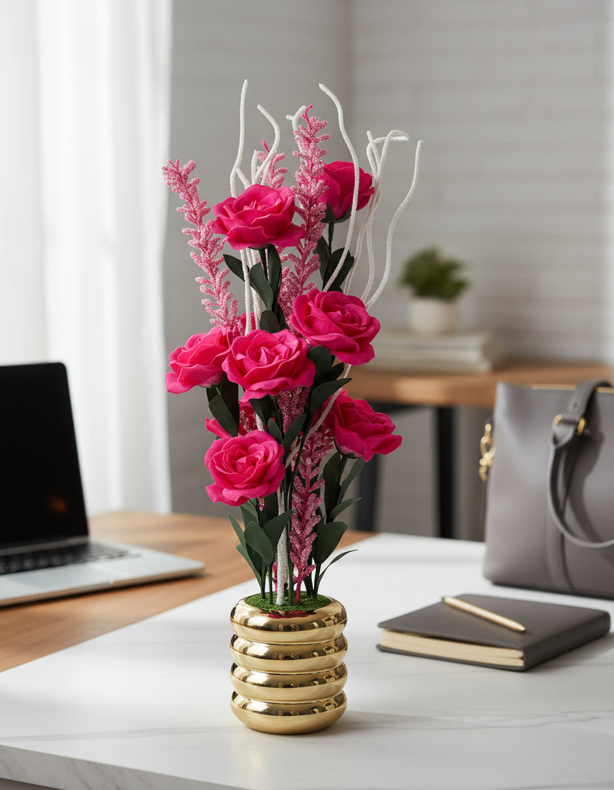 Rose Flower Plant Set with Ceramic Pots – Elegant Artificial Flower Decoration for Home & Office