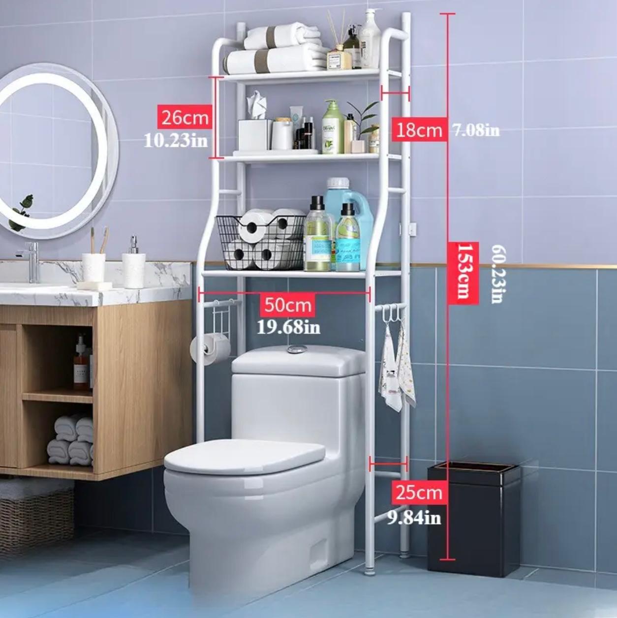 رف تخزين فوق المرحاض - منظم حمام معدني من 3 طبقات مع خطافات