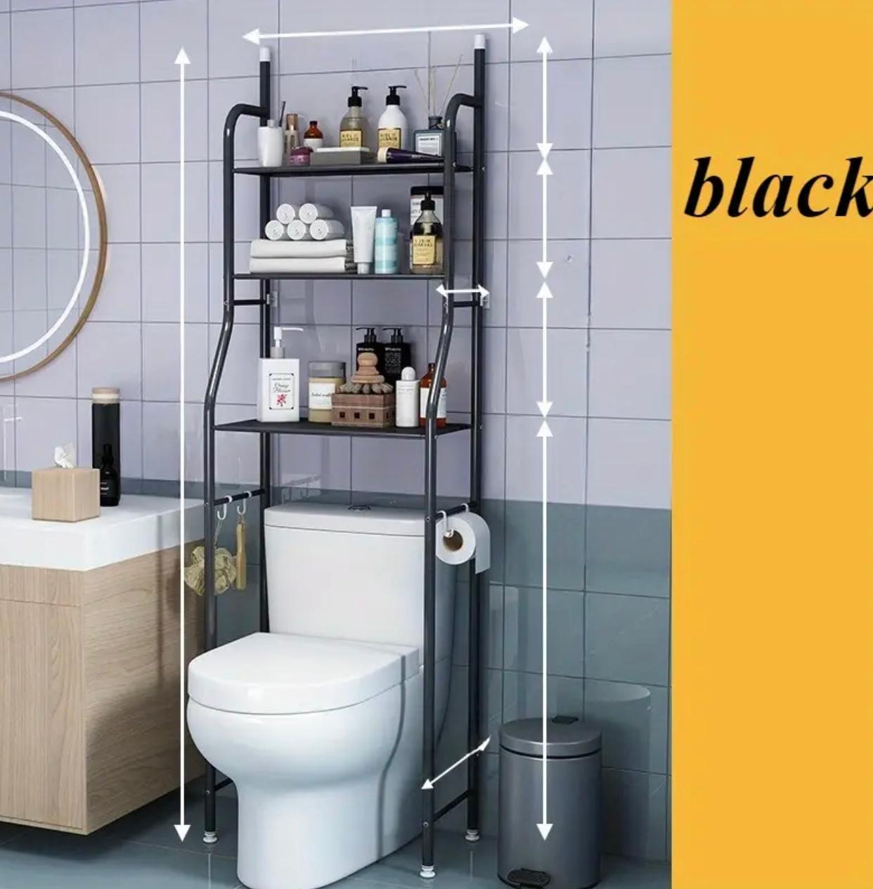 رف تخزين فوق المرحاض - منظم حمام معدني من 3 طبقات مع خطافات
