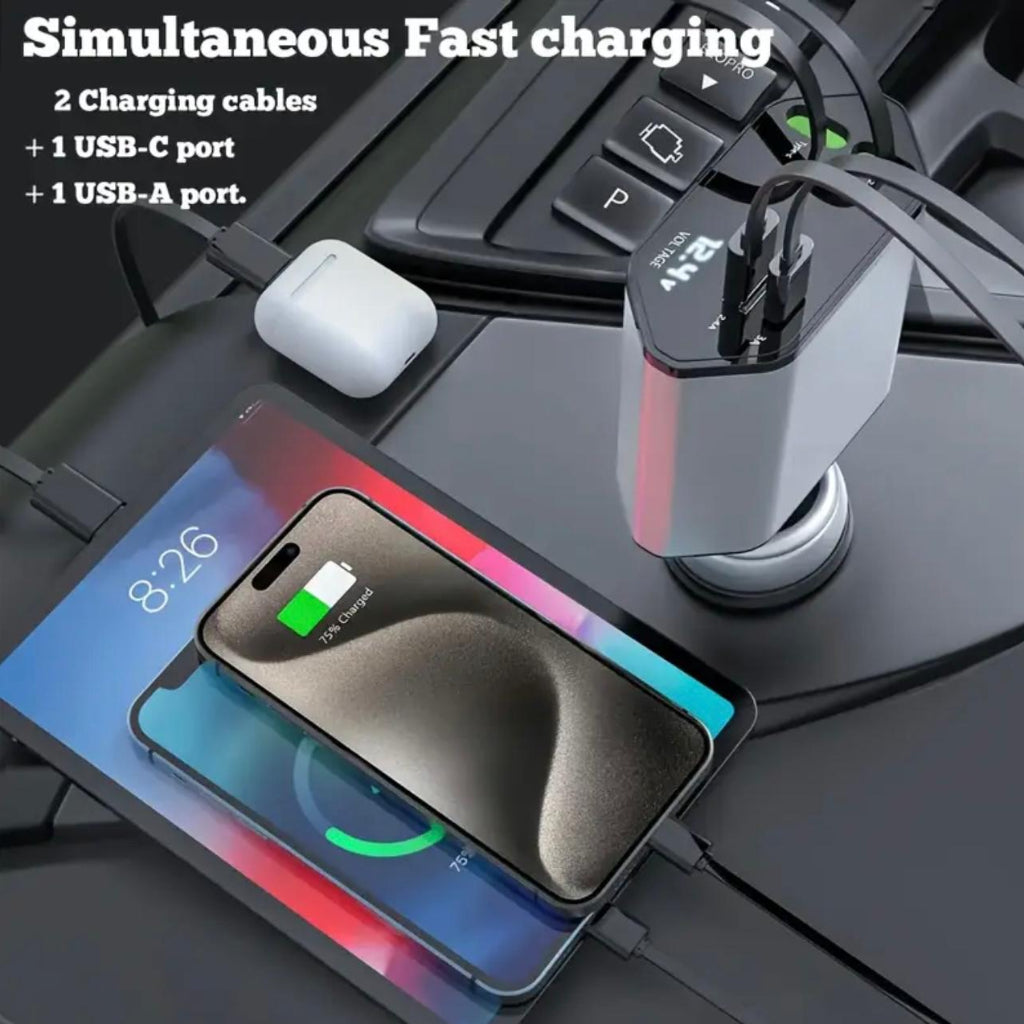 120W Fast Retractable Car Charger – 4-in-1 Universal Car Charging Adapter