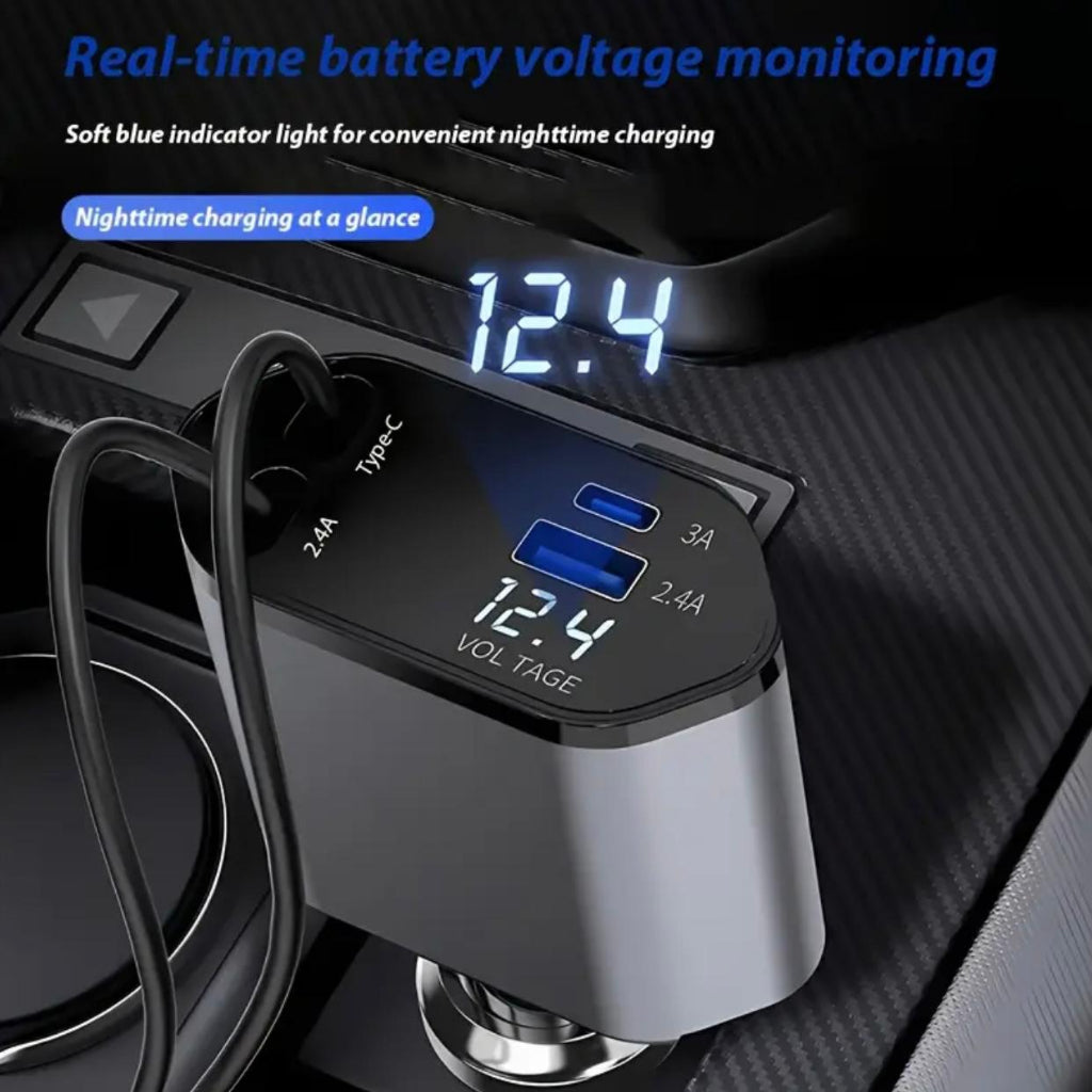 120W Fast Retractable Car Charger – 4-in-1 Universal Car Charging Adapter