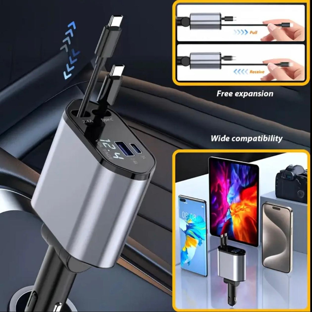 120W Fast Retractable Car Charger – 4-in-1 Universal Car Charging Adapter