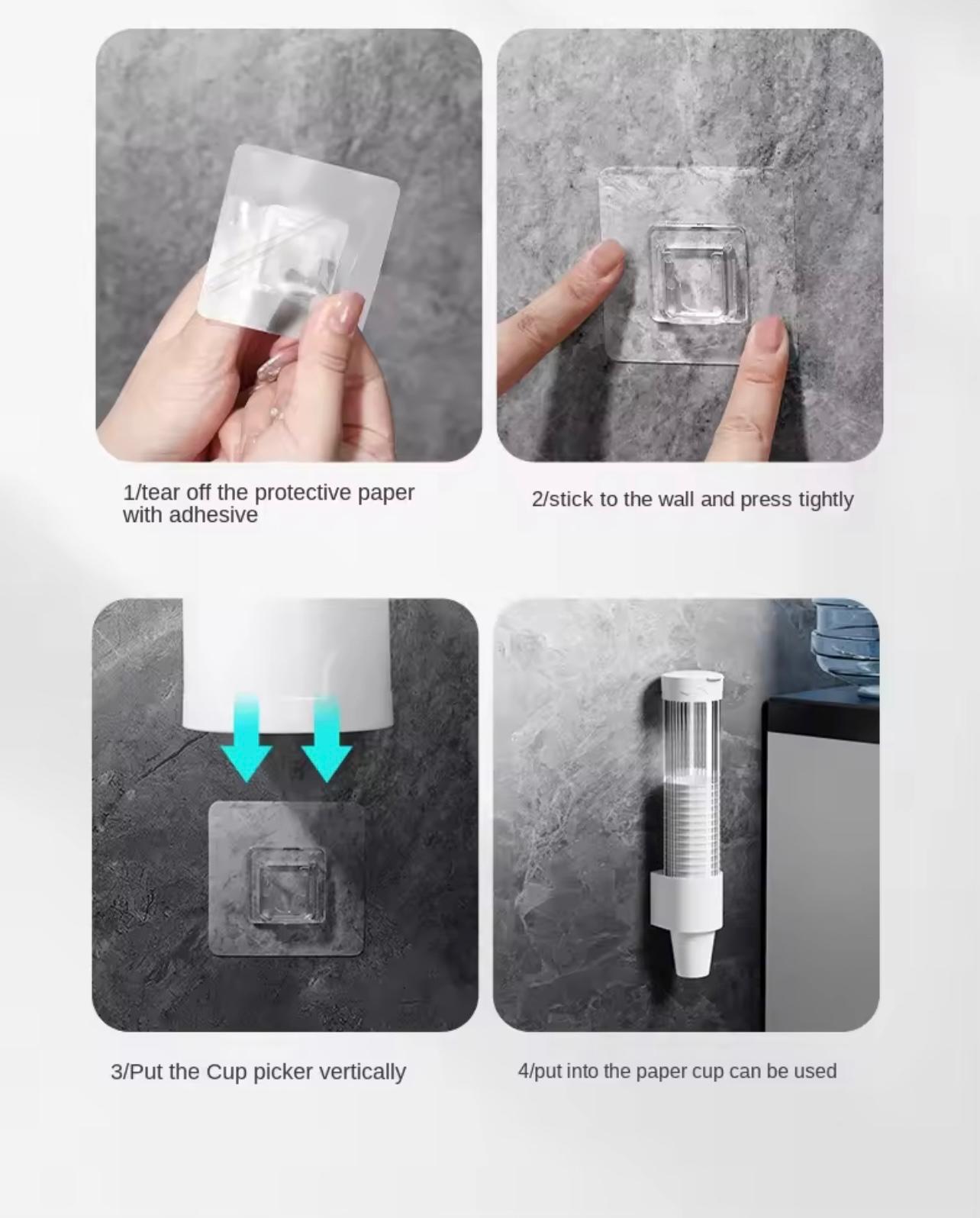 حامل أكواب بلاستيكي - أداة التقاط أكواب للاستعمال مرة واحدة مثبتة على الحائط بدون ثقب