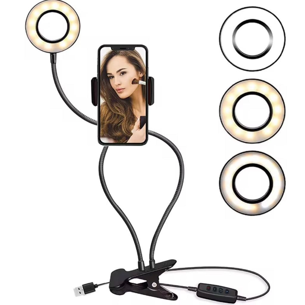 Adjustable LED Ring Light with Phone Holder – 3 Color Modes, USB Powered, Flexible Arm Clamp