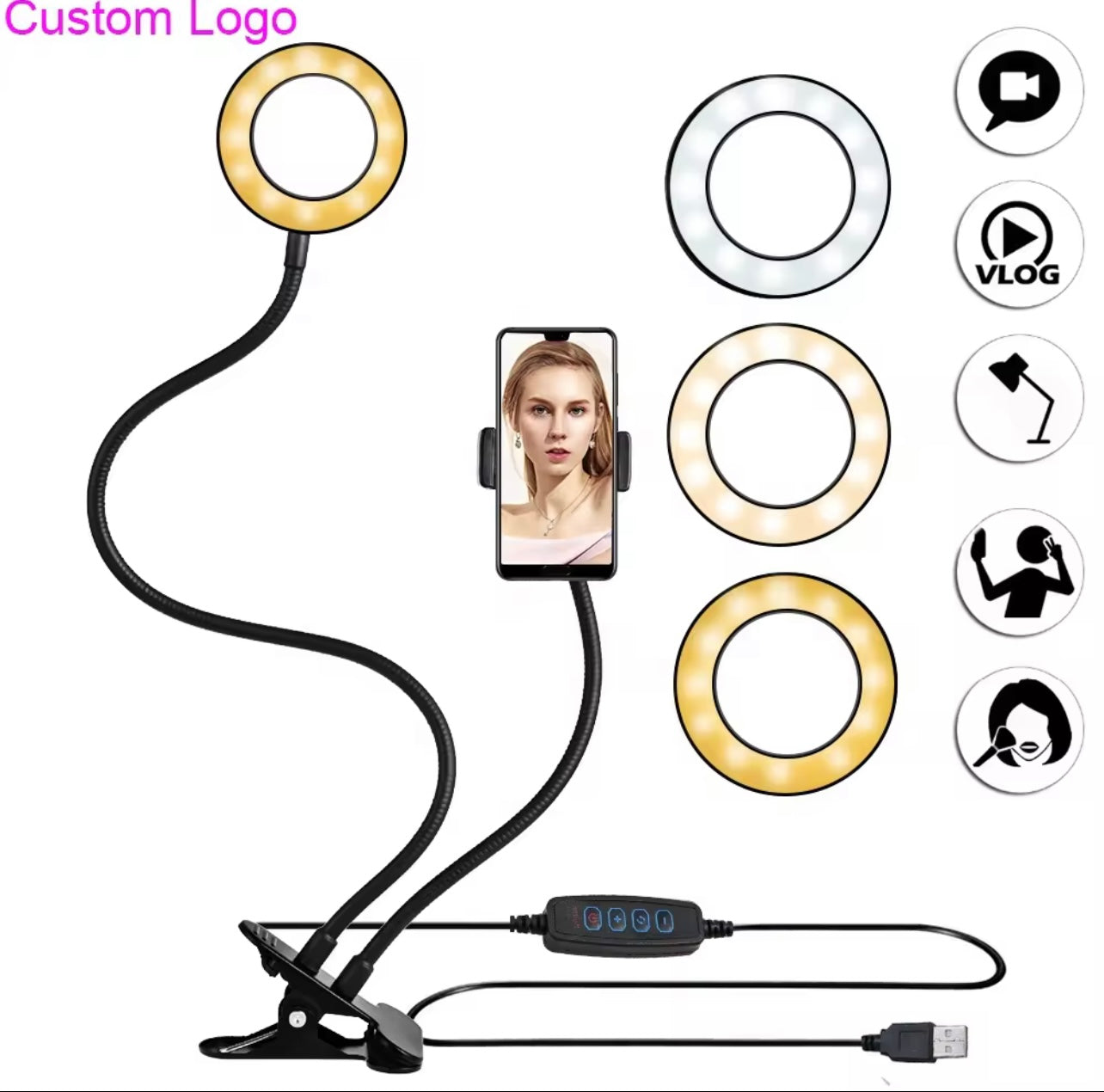 ضوء حلقة LED قابل للتعديل مع حامل الهاتف - 3 أوضاع ملونة ، مشبك ذراع مدعوم من USB ، مرن لـ YouTube ، Tiktok ، البث المباشر والمكياج - الأسود
