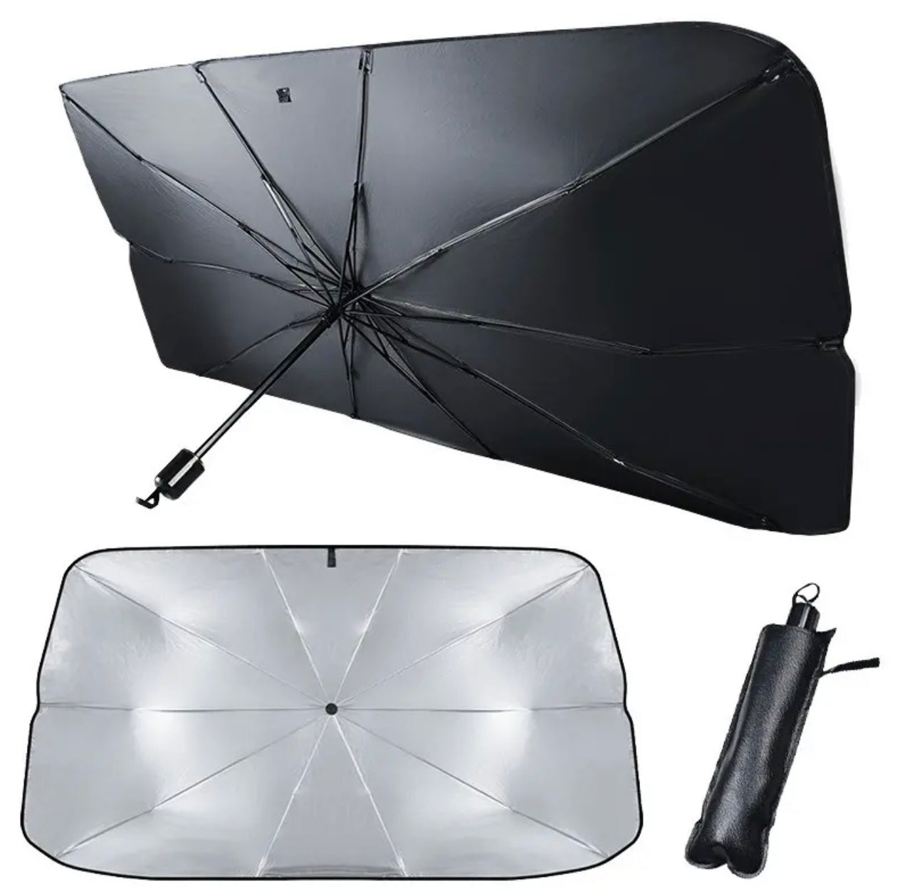 Adjustable Car Sunshade Umbrella - Black Polyester Windshield & Window Sun Blocker with Easy Roll-Up Closure, UV Protection for Vehicle Interior, Vehicle Heat Shield | Foldable Design | Compact Car Accessory, Sun Visor for Car