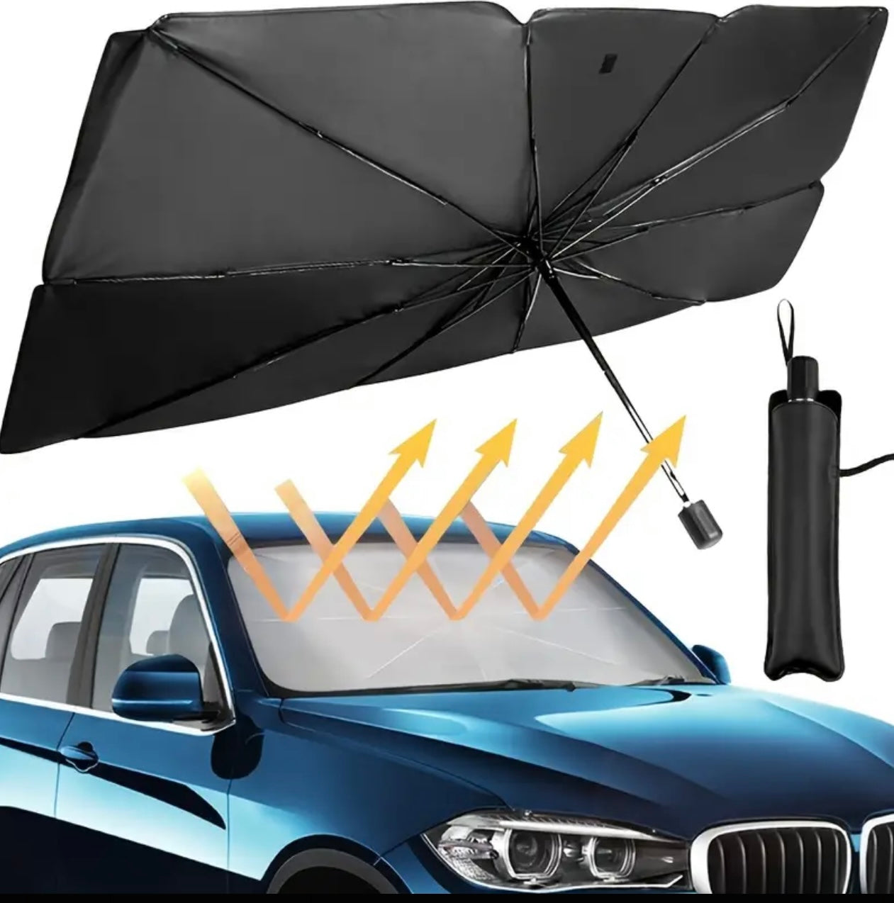 Adjustable Car Sunshade Umbrella - Black Polyester Windshield & Window Sun Blocker with Easy Roll-Up Closure, UV Protection for Vehicle Interior, Vehicle Heat Shield | Foldable Design | Compact Car Accessory, Sun Visor for Car