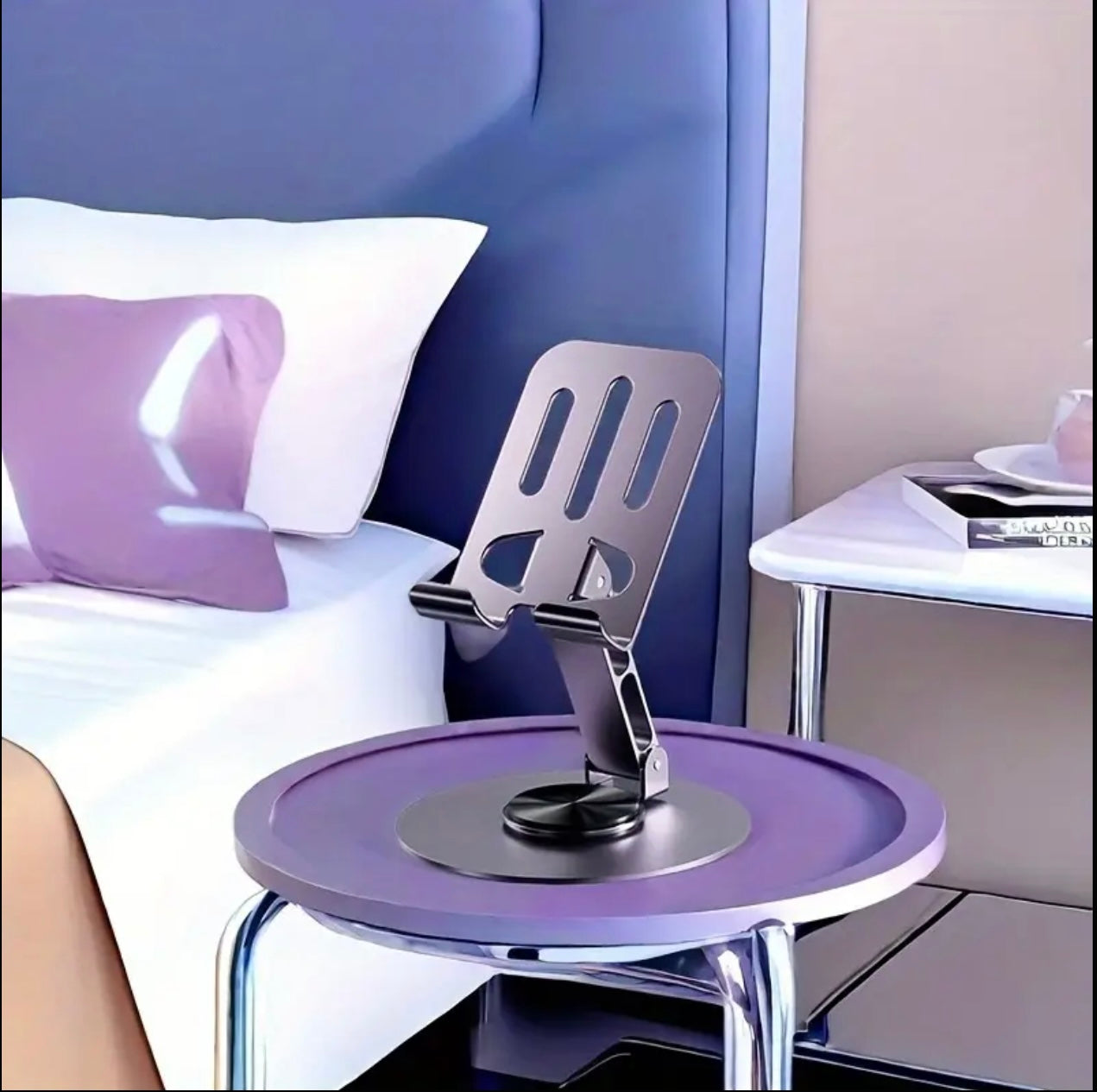 Purple Metal Phone Stand- 360° Rotating Base, Foldable Design, MultiFunctional Holder for Tablets & Phones, High-Quality Portable Desktop Companion for Home, Office, or Travel..