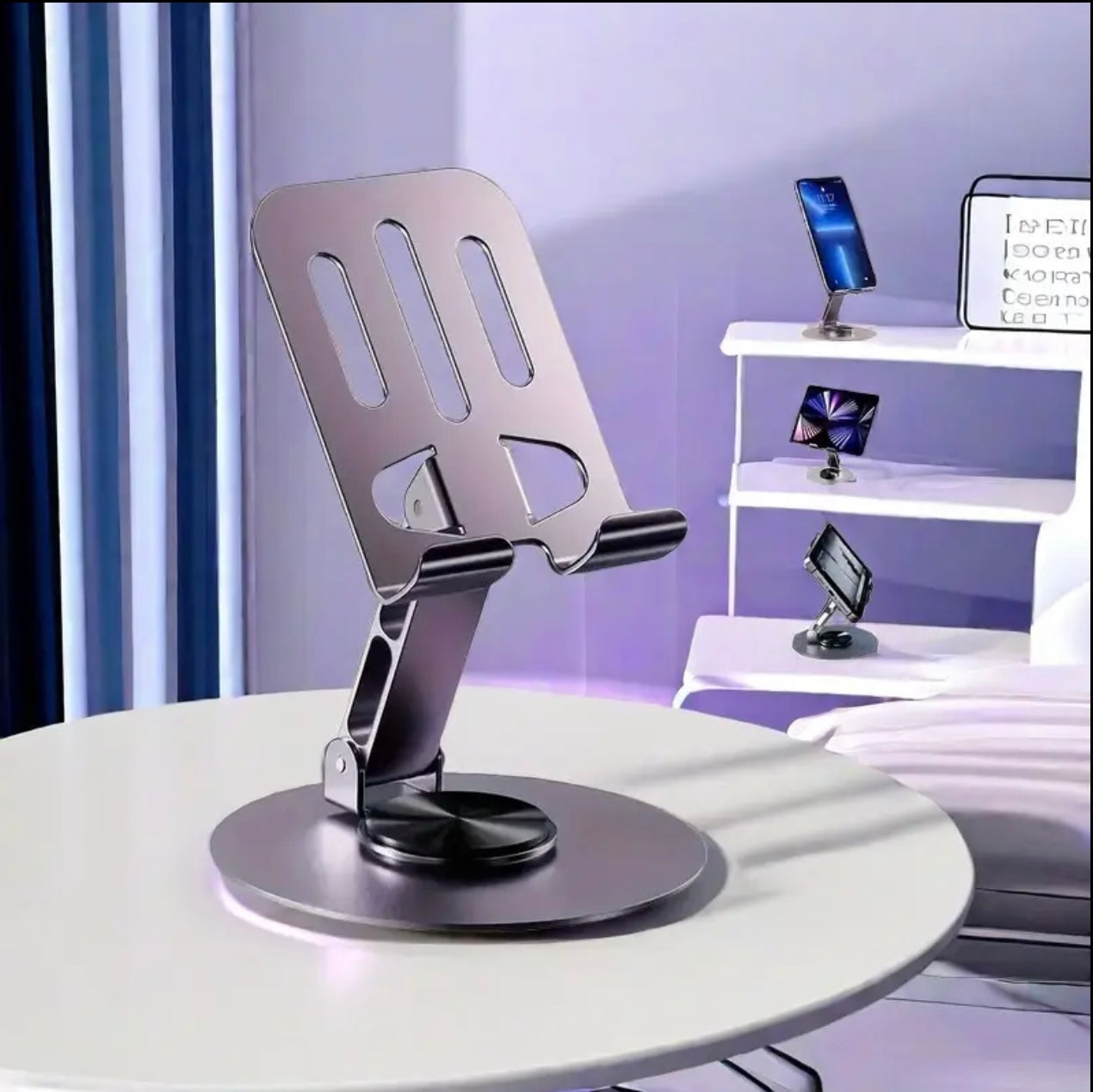 Purple Metal Phone Stand- قاعدة دوارة 360 درجة ، تصميم قابل للطي ، حامل متعدد الوظائف للأجهزة اللوحية والهواتف ، رفيق سطح المكتب المحمول عالي الجودة للمنزل أو المكتب أو السفر ..