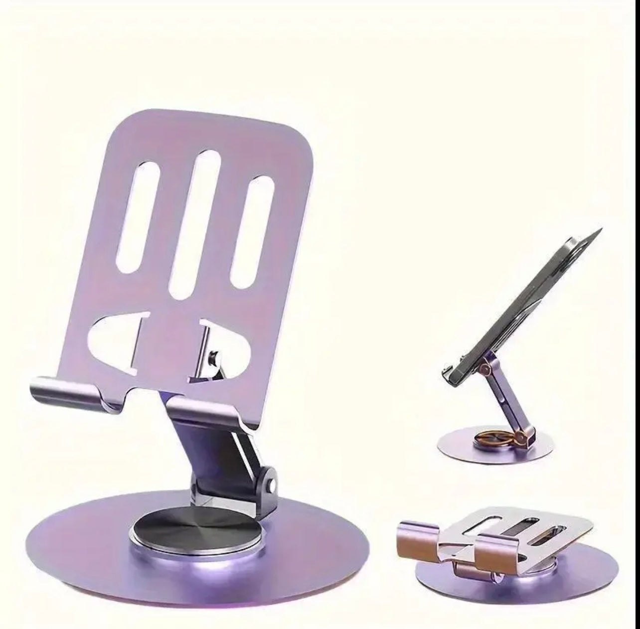 Purple Metal Phone Stand- قاعدة دوارة 360 درجة ، تصميم قابل للطي ، حامل متعدد الوظائف للأجهزة اللوحية والهواتف ، رفيق سطح المكتب المحمول عالي الجودة للمنزل أو المكتب أو السفر ..