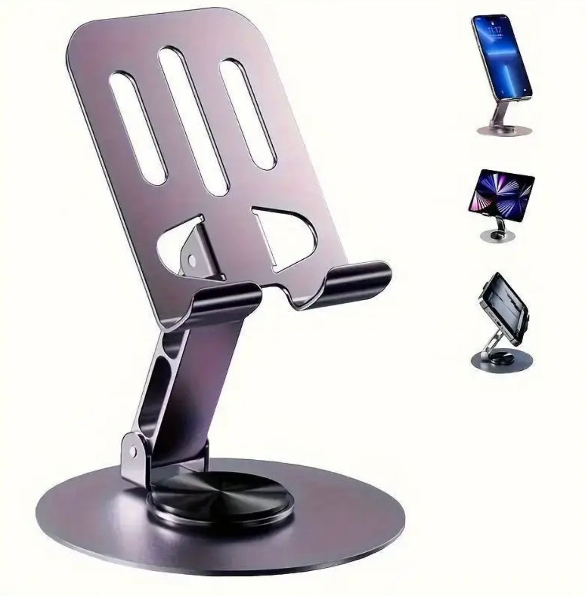 Purple Metal Phone Stand- قاعدة دوارة 360 درجة ، تصميم قابل للطي ، حامل متعدد الوظائف للأجهزة اللوحية والهواتف ، رفيق سطح المكتب المحمول عالي الجودة للمنزل أو المكتب أو السفر ..