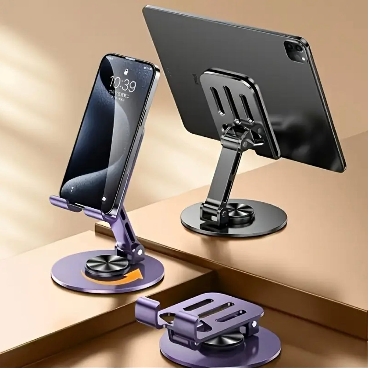 Purple Metal Phone Stand- 360° Rotating Base, Foldable Design, MultiFunctional Holder for Tablets & Phones, High-Quality Portable Desktop Companion for Home, Office, or Travel..
