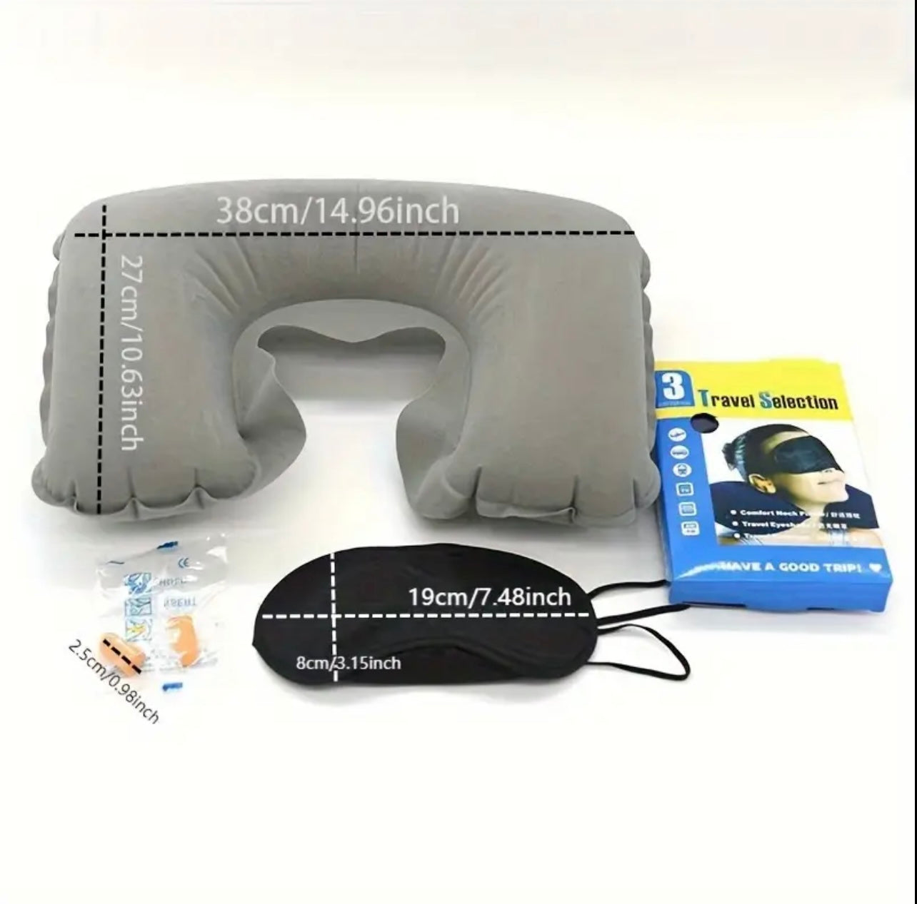 وسادة سفر قابلة للنفخ على شكل حرف U - داعمة للرقبة مع قناع للعين وسدادات للأذن