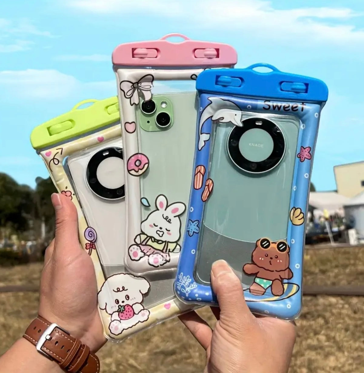 Random Adorable Cartoon Transparent Swim Mobile Pouch with Butterfly & Sun Design - Waterproof, Shockproof, Inflatable, and Durable for Swimming, Diving - Soft PVC Material, Swim Gear | Playful Design | Durable Mobile Case, Mobile water pouch