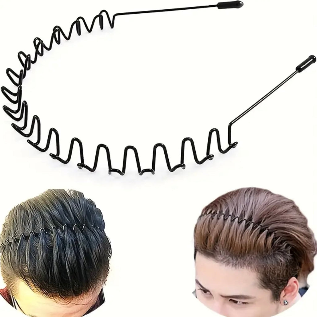 Black Wavy Metal Headband - Non-Slip, Elastic Hair Band for Outdoor Sports & Fashion Accessory, Men's, Spring, Hair Clip